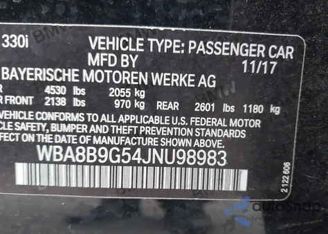 2018 BMW 330I from USA, damaged, VIN WBA8B9G54JNU98983